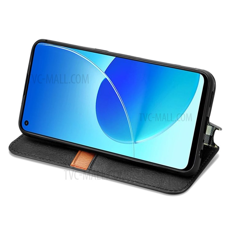 Imprinting Rhombus Wallet Stand Design Auto-absorbed Leather Cover Phone Case for Oppo Reno6 Z - Black-5