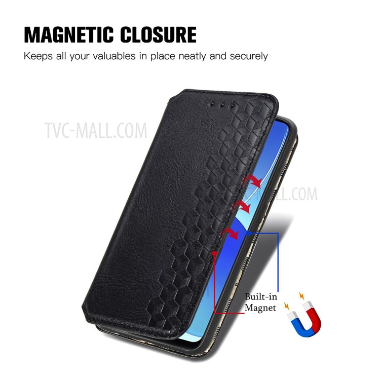 Imprinting Rhombus Wallet Stand Design Auto-absorbed Leather Cover Phone Case for Oppo Reno6 Z - Black-7
