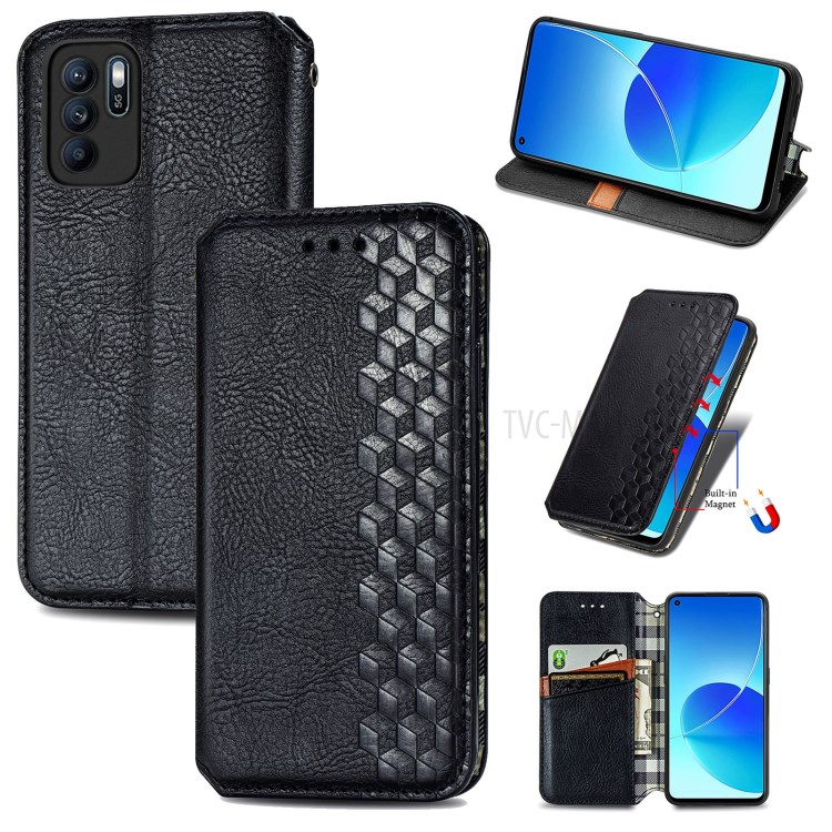Imprinting Rhombus Wallet Stand Design Auto-absorbed Leather Cover Phone Case for Oppo Reno6 Z - Black-9