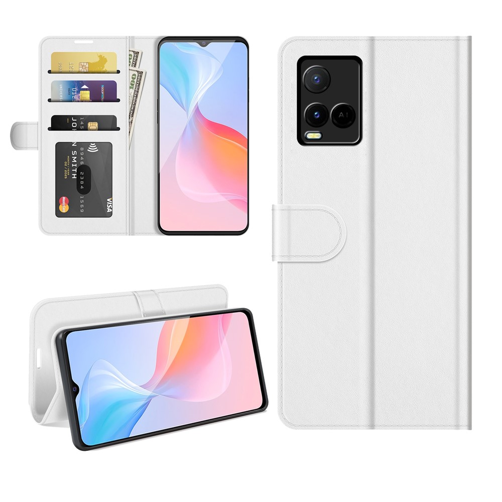 Scratch Resistant Stylish Phone Cover Crazy Horse Texture All-Round Protective Leather Wallet Stand Case for vivo Y21 - White-8