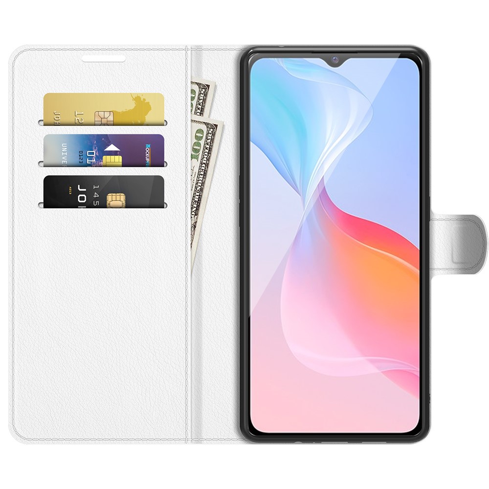 For vivo Y21 Practical Design Phone Case Wallet Stand Litchi Skin Flip Leather Phone Cover Shell - Purple - White-4