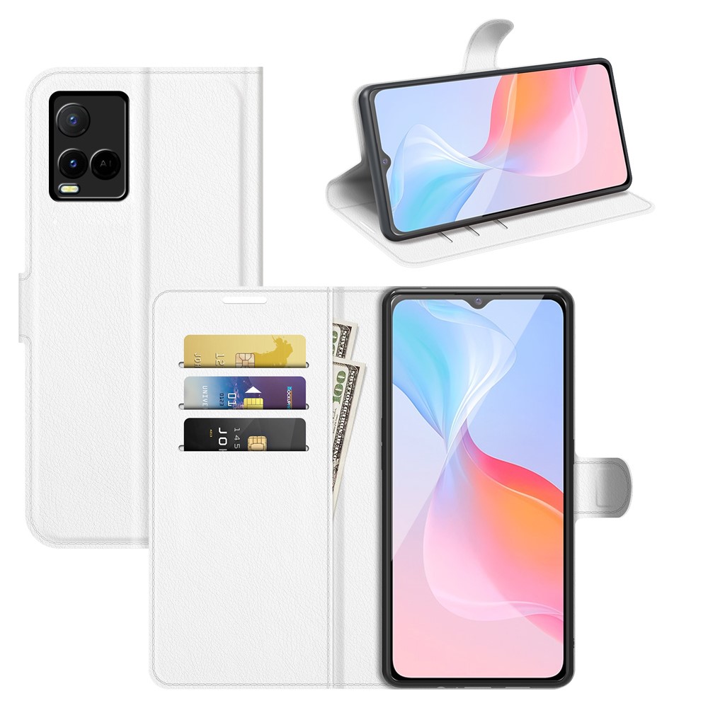 For vivo Y21 Practical Design Phone Case Wallet Stand Litchi Skin Flip Leather Phone Cover Shell - Purple - White-8