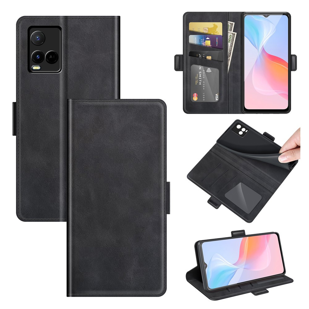 Magnetic Double Clasp Full Protection PU Leather Wallet Stand Phone Cover Case for vivo Y21 - Black-8