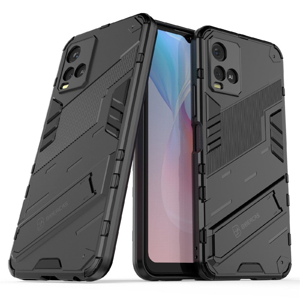 Dual-Layer Shock-Absorption Combo PC + TPU Back Case with Kickstand for vivo Y21 - Black-1