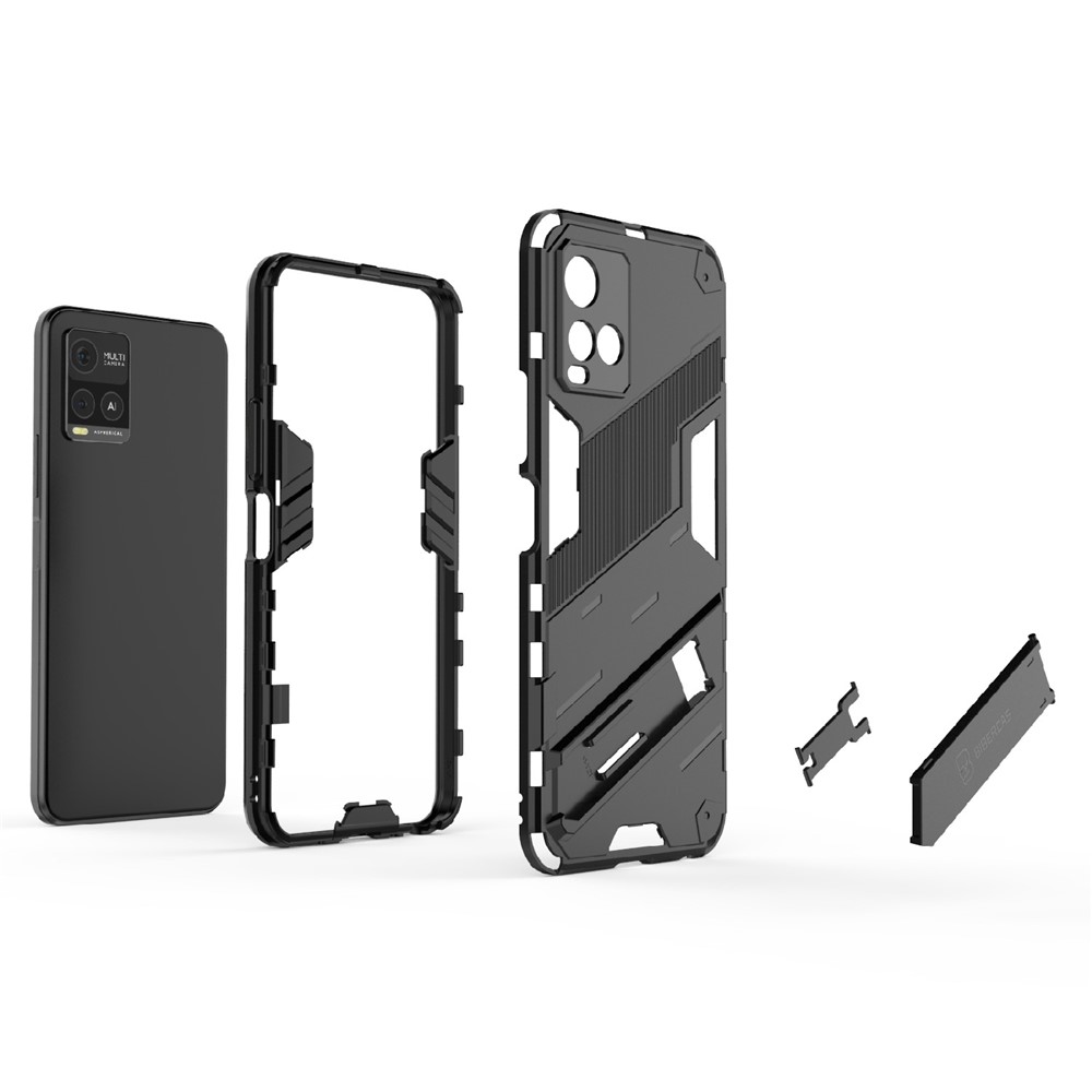 Dual-Layer Shock-Absorption Combo PC + TPU Back Case with Kickstand for vivo Y21 - Black-5