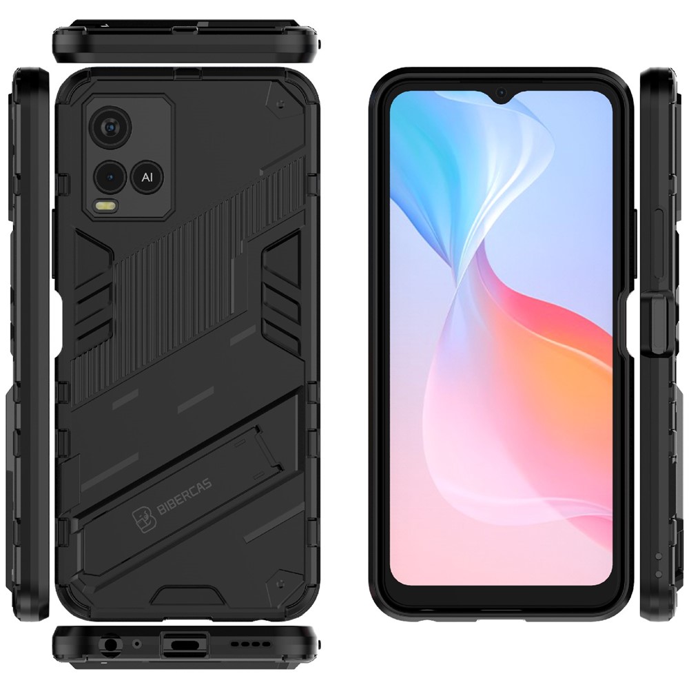 Dual-Layer Shock-Absorption Combo PC + TPU Back Case with Kickstand for vivo Y21 - Black-6