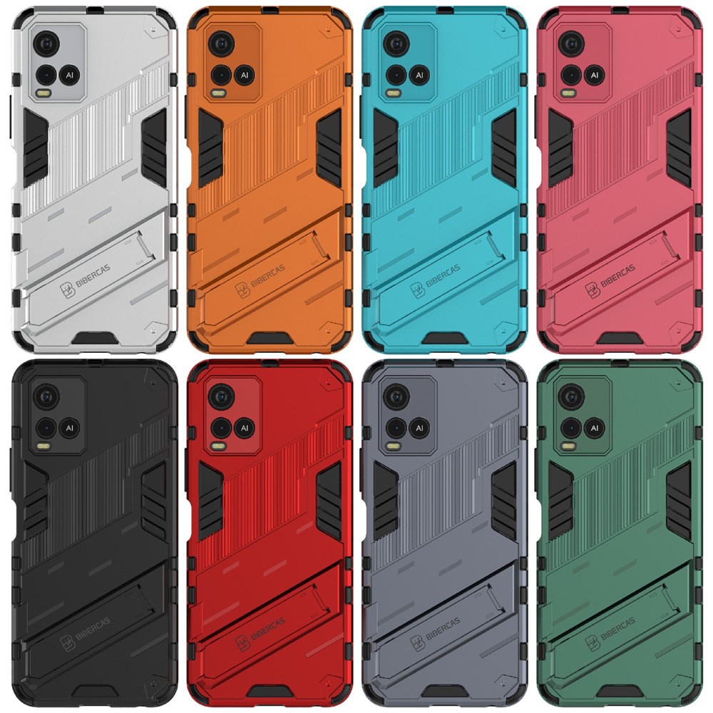 Dual-Layer Shock-Absorption Combo PC + TPU Back Case with Kickstand for vivo Y21 - Black-9