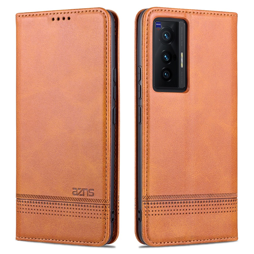AZNS High-quality Wallet Design PU Leather Shockproof Phone Cover Case for vivo X70 - Brown-1