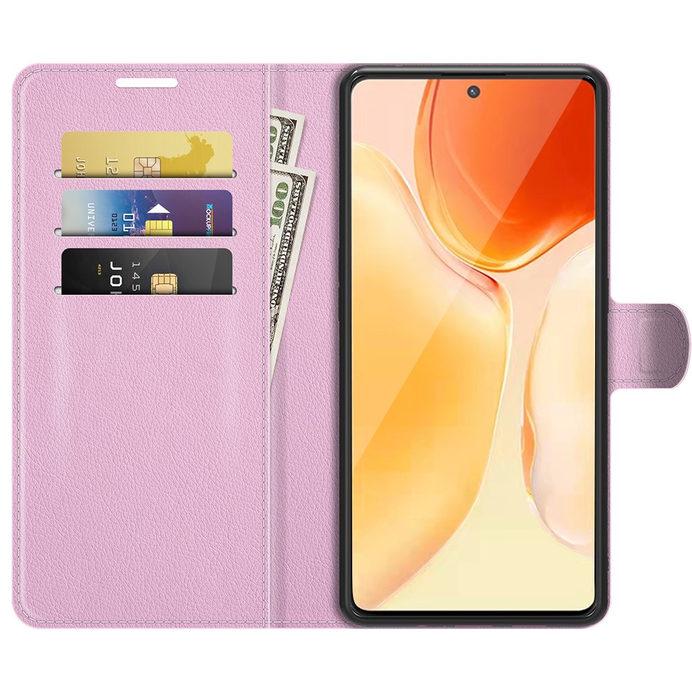 Litchi Texture PU Leather Wallet Case Magnetic Closure Protective Stand Flip Phone Cover for vivo X70 Pro+ - Pink-4