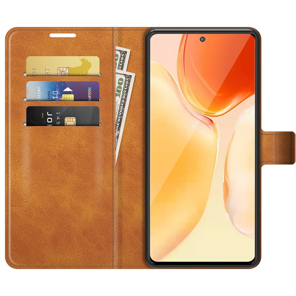 PU Leather Wallet Folio Flip Case Stand Magnetic Shockproof TPU Inner Shell for vivo X70 Pro+ - Brown-4