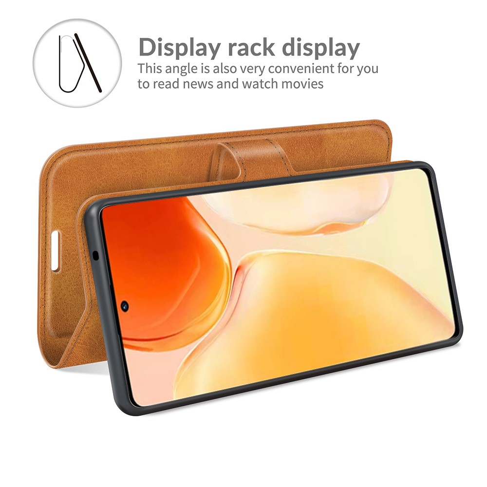 PU Leather Wallet Folio Flip Case Stand Magnetic Shockproof TPU Inner Shell for vivo X70 Pro+ - Brown-6