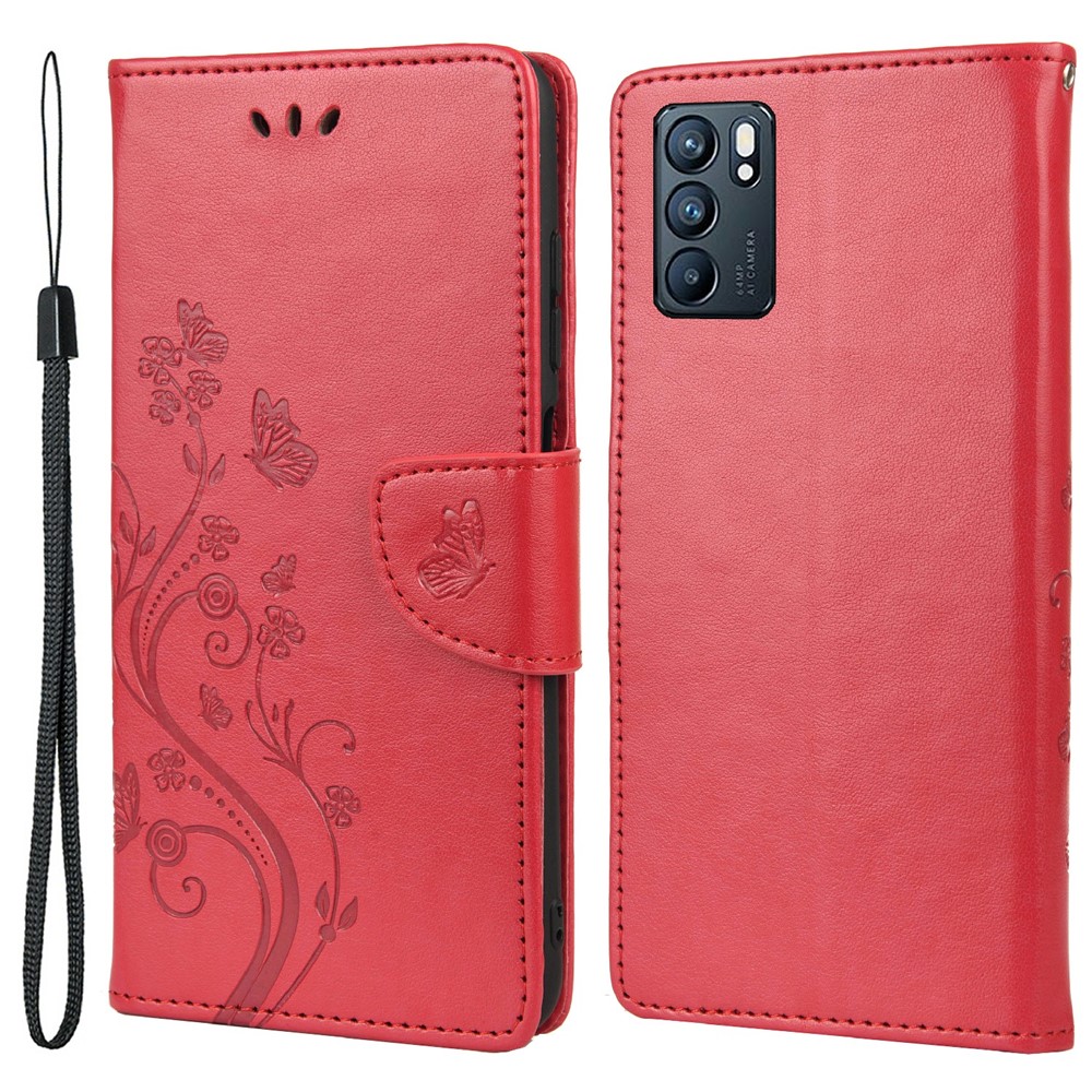 Butterfly Flower Imprinted Leather Wallet Stand Full Protection Phone Case Cover with Lanyard for Oppo Reno6 5G - Red-1