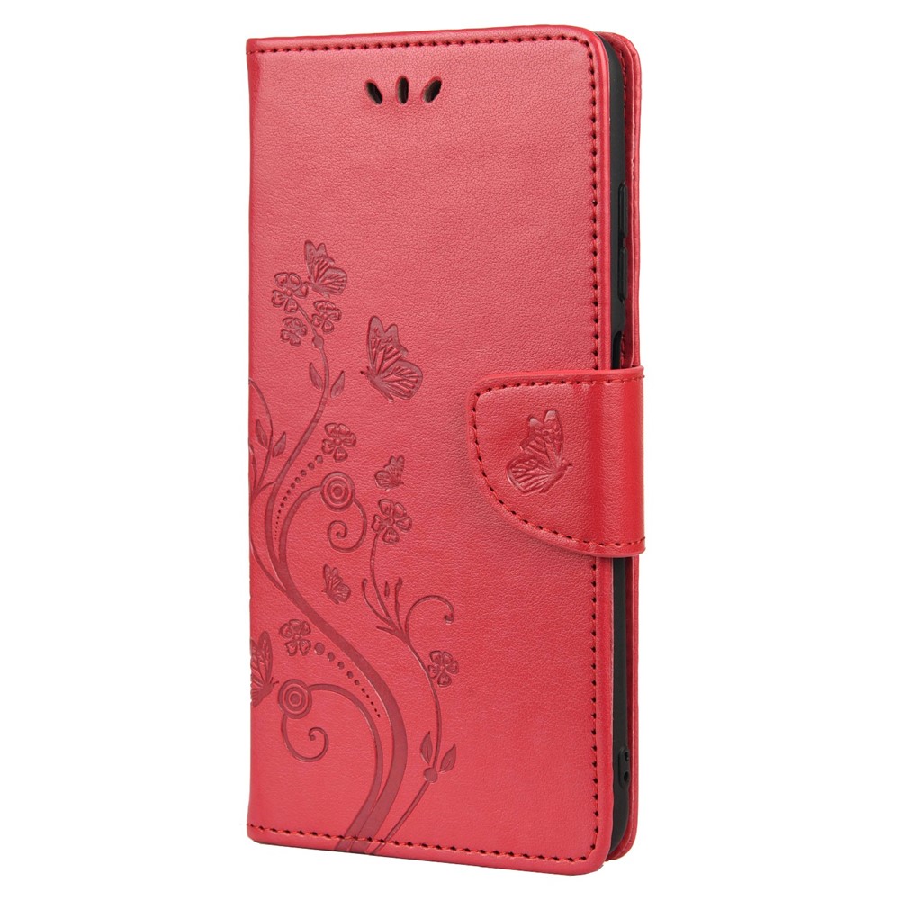 Butterfly Flower Imprinted Leather Wallet Stand Full Protection Phone Case Cover with Lanyard for Oppo Reno6 5G - Red-2