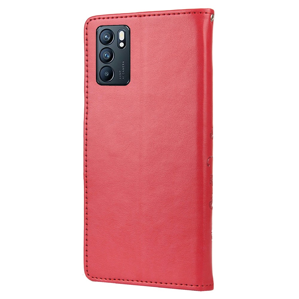 Butterfly Flower Imprinted Leather Wallet Stand Full Protection Phone Case Cover with Lanyard for Oppo Reno6 5G - Red-3