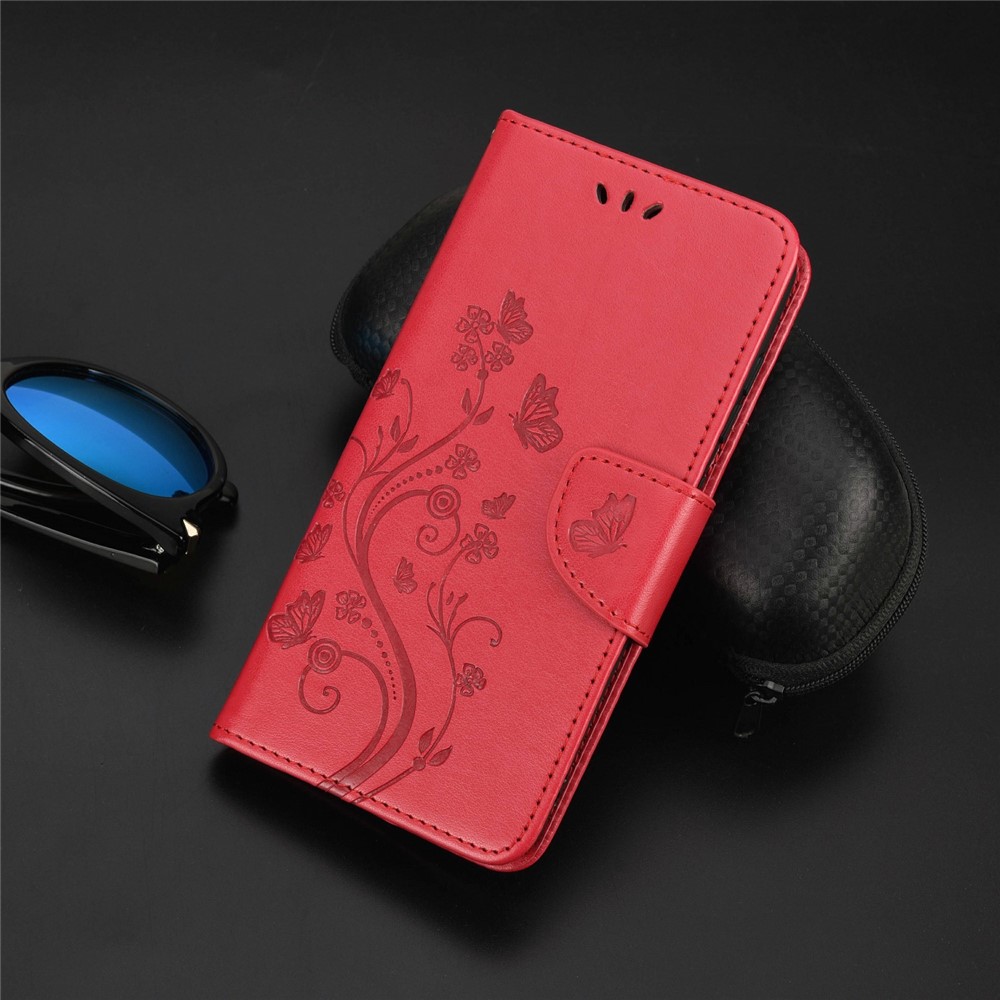 Butterfly Flower Imprinted Leather Wallet Stand Full Protection Phone Case Cover with Lanyard for Oppo Reno6 5G - Red-7
