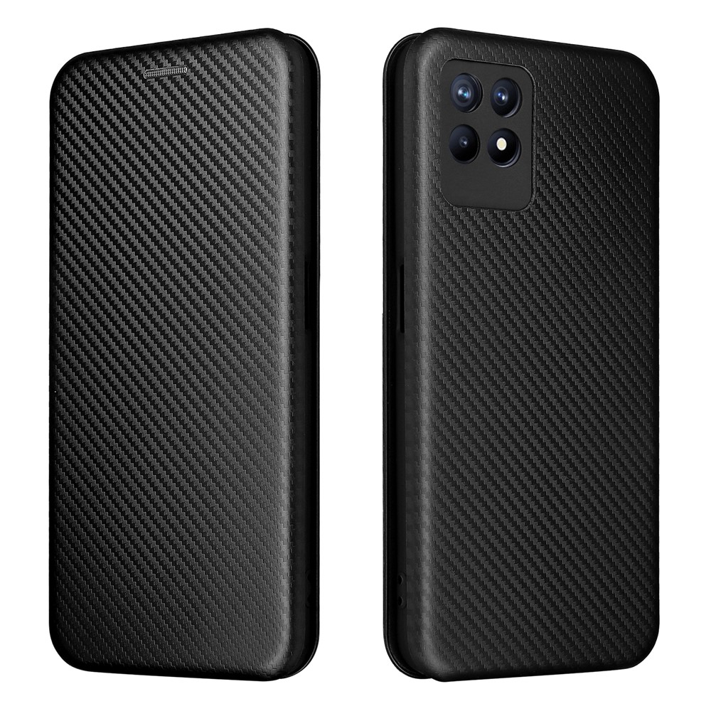 Carbon Fiber Texture Auto-absorbed Leather Stand Phone Shell Case with Ring Strap for Realme 8i - Black-1