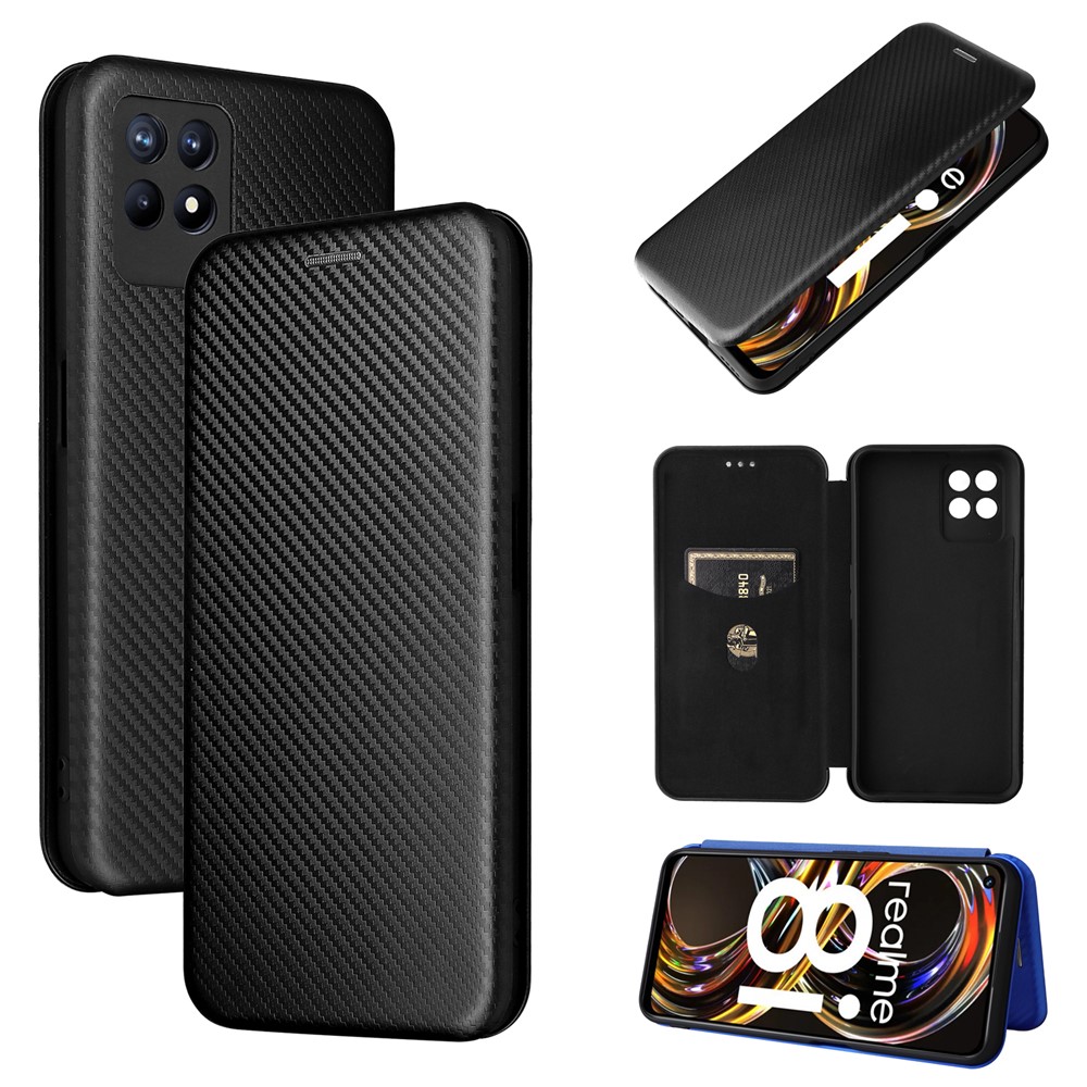 Carbon Fiber Texture Auto-absorbed Leather Stand Phone Shell Case with Ring Strap for Realme 8i - Black-11