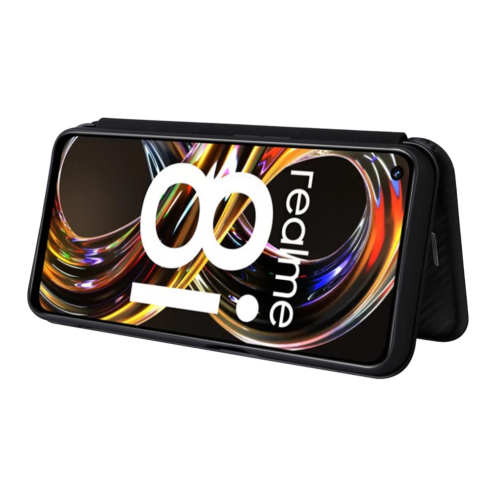 Carbon Fiber Texture Auto-absorbed Leather Stand Phone Shell Case with Ring Strap for Realme 8i - Black-4