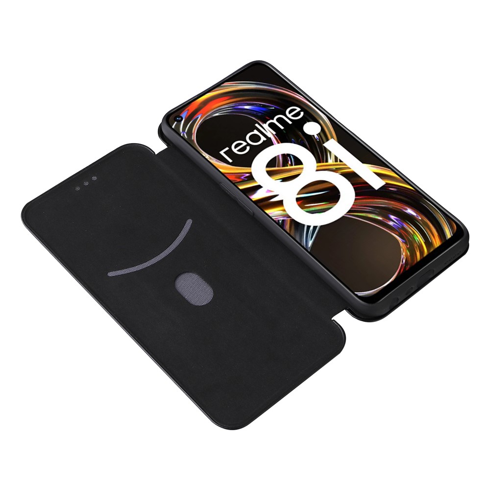 Carbon Fiber Texture Auto-absorbed Leather Stand Phone Shell Case with Ring Strap for Realme 8i - Black-5