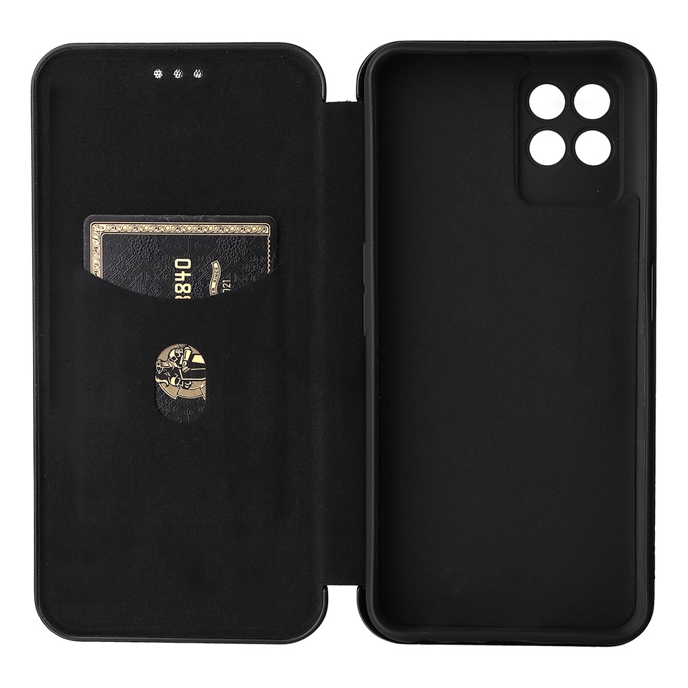 Carbon Fiber Texture Auto-absorbed Leather Stand Phone Shell Case with Ring Strap for Realme 8i - Black-7