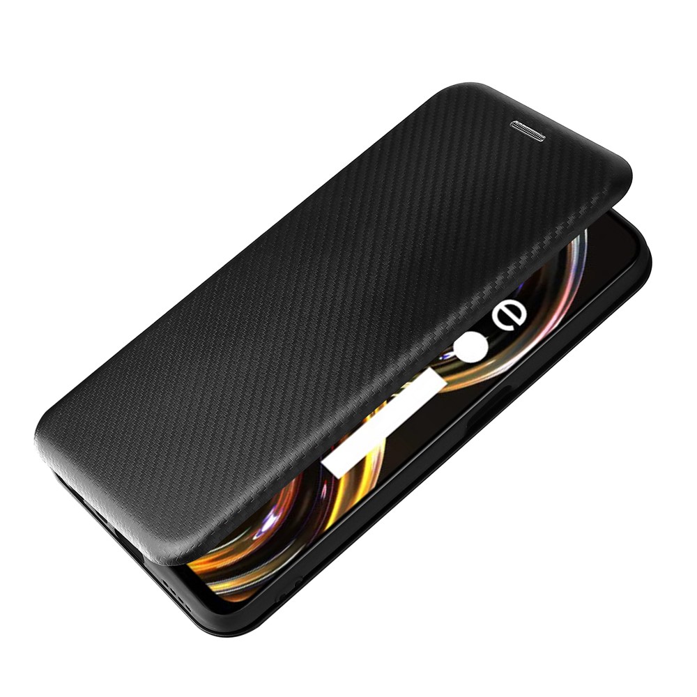 Carbon Fiber Texture Auto-absorbed Leather Stand Phone Shell Case with Ring Strap for Realme 8i - Black-8