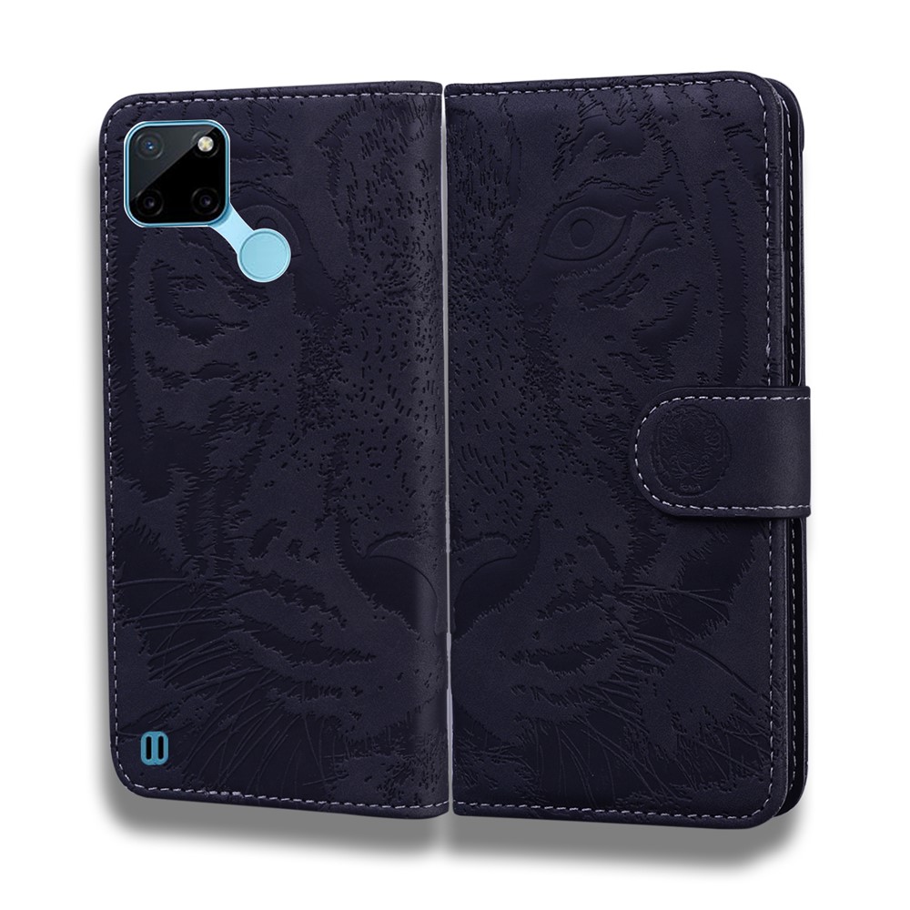 Stylish Tiger Imprint Full Protection Leather Wallet Stand Phone Shell Case for Realme C21Y - Black-1