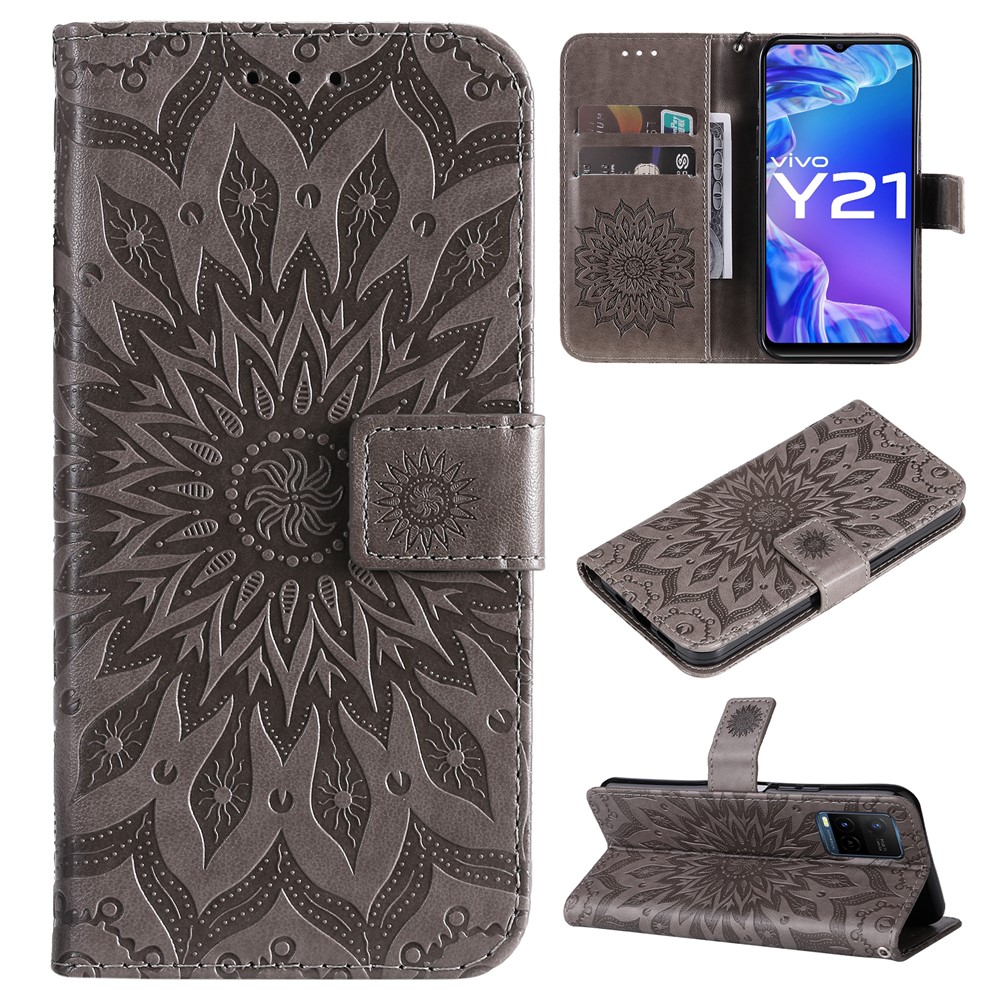 Sunflower Imprinting Design Stand Flip Magnetic Clasp PU Wallet Phone Case with Strap for vivo Y21 / Y21s / Y33s - Grey-10