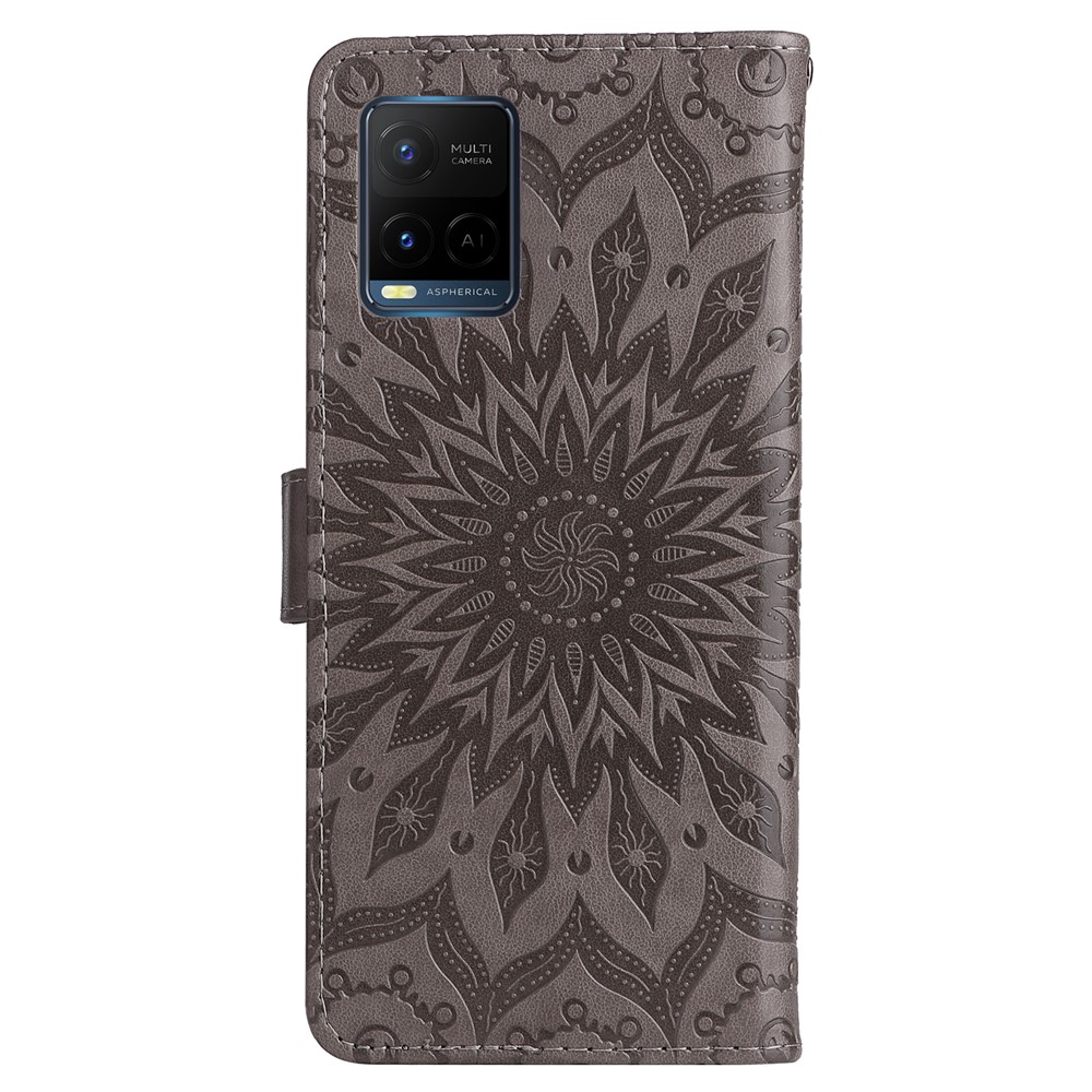 Sunflower Imprinting Design Stand Flip Magnetic Clasp PU Wallet Phone Case with Strap for vivo Y21 / Y21s / Y33s - Grey-3