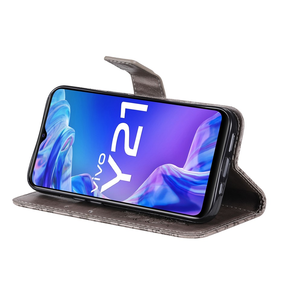 Sunflower Imprinting Design Stand Flip Magnetic Clasp PU Wallet Phone Case with Strap for vivo Y21 / Y21s / Y33s - Grey-5
