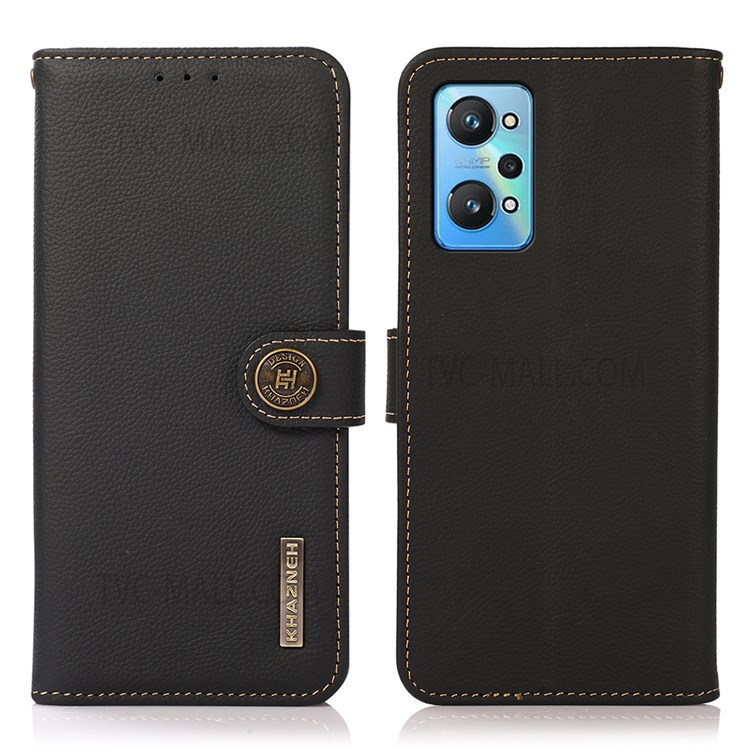 KHAZNEH Wallet Stand Design RFID Blocking Anti-theft Swiping Genuine Leather Phone Case Cover for Realme GT Neo2 - Black-1