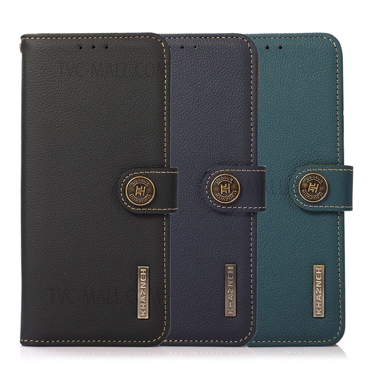 KHAZNEH Wallet Stand Design RFID Blocking Anti-theft Swiping Genuine Leather Phone Case Cover for Realme GT Neo2 - Black-10