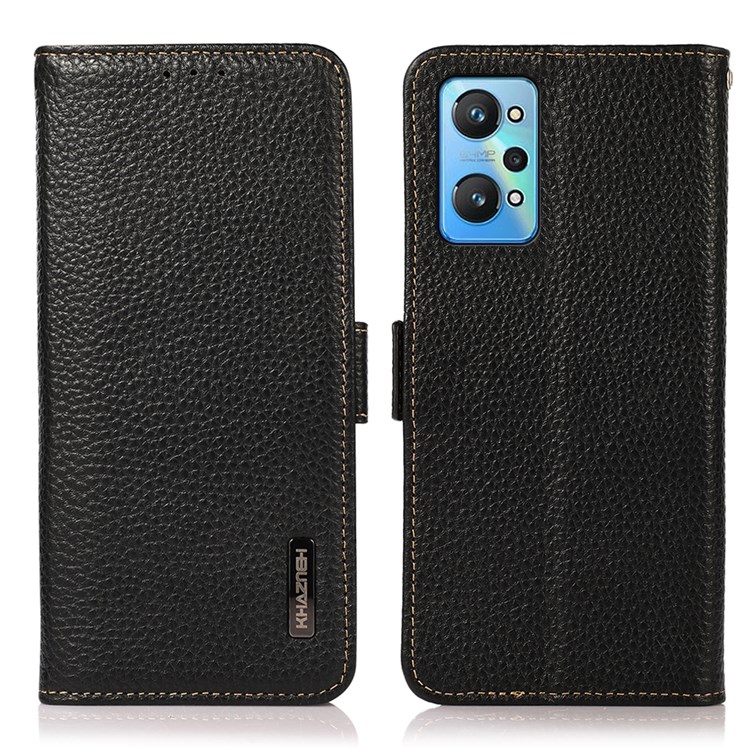 KHAZNEH RFID Blocking Anti-theft Swiping Design Litchi Texture Wallet Stand Shell Genuine Leather Phone Case for Realme GT Neo2 - Black-1