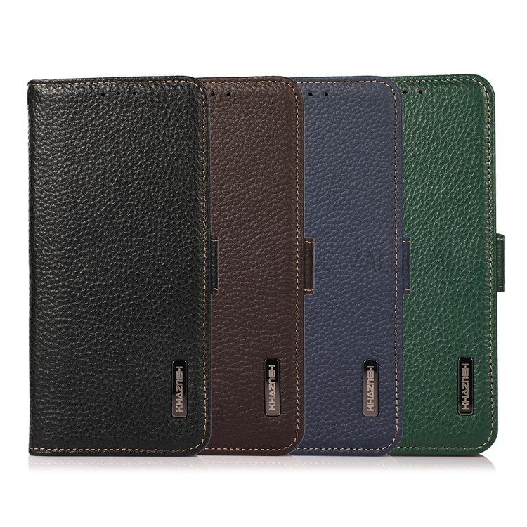KHAZNEH RFID Blocking Anti-theft Swiping Design Litchi Texture Wallet Stand Shell Genuine Leather Phone Case for Realme GT Neo2 - Black-10