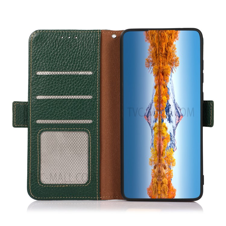 KHAZNEH RFID Blocking Anti-theft Swiping Design Litchi Texture Wallet Stand Shell Genuine Leather Phone Case for Realme GT Neo2 - Black-13