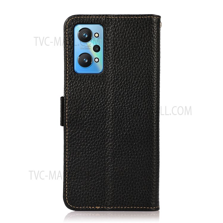 KHAZNEH RFID Blocking Anti-theft Swiping Design Litchi Texture Wallet Stand Shell Genuine Leather Phone Case for Realme GT Neo2 - Black-3