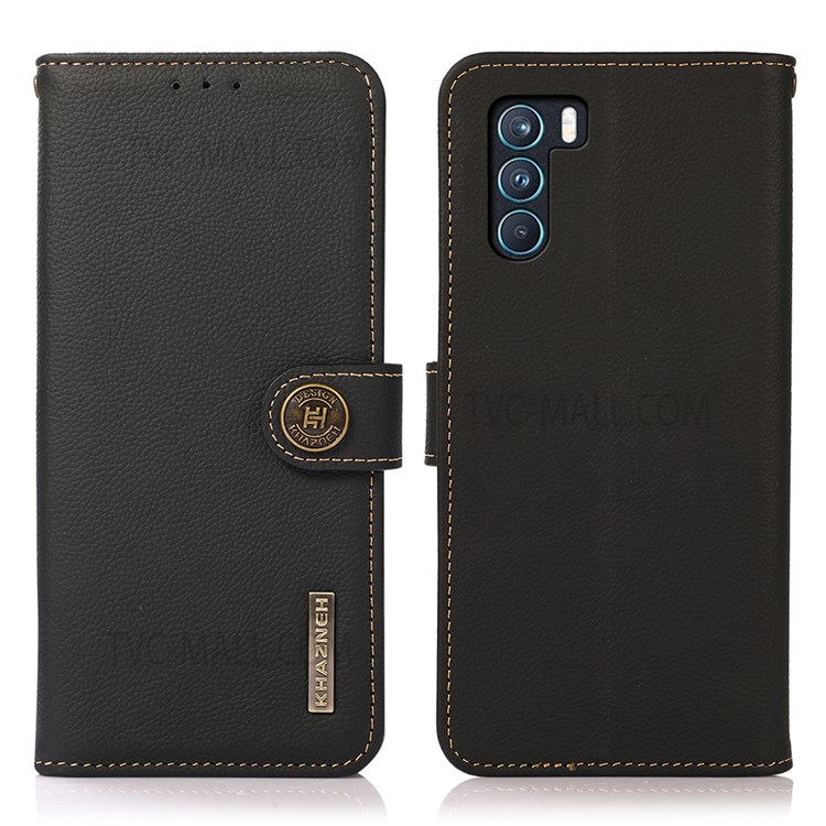 KHAZNEH Full Protection Litchi Texture Genuine Leather Anti-theft Swiping Design Phone Case for Oppo K9 Pro - Black-1