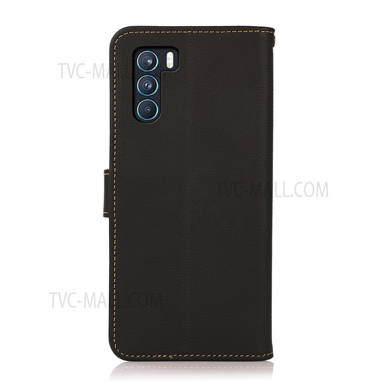 KHAZNEH Full Protection Litchi Texture Genuine Leather Anti-theft Swiping Design Phone Case for Oppo K9 Pro - Black-3