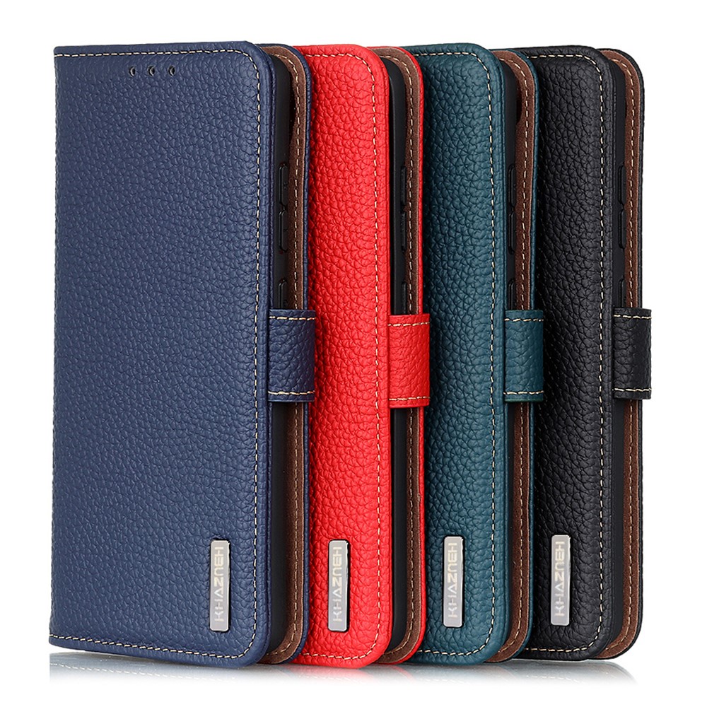 KHAZNEH Magnetic Closure Litchi Texture Top Layer Genuine Leather Stand Feature Wallet Phone Case for Realme GT Neo2 - Black-10