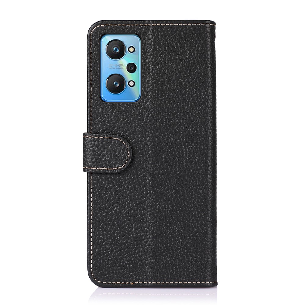 KHAZNEH Magnetic Closure Litchi Texture Top Layer Genuine Leather Stand Feature Wallet Phone Case for Realme GT Neo2 - Black-3