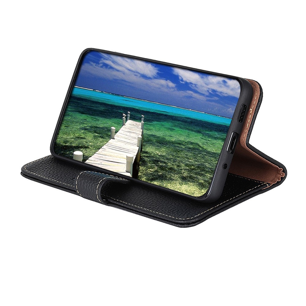KHAZNEH Magnetic Closure Litchi Texture Top Layer Genuine Leather Stand Feature Wallet Phone Case for Realme GT Neo2 - Black-4