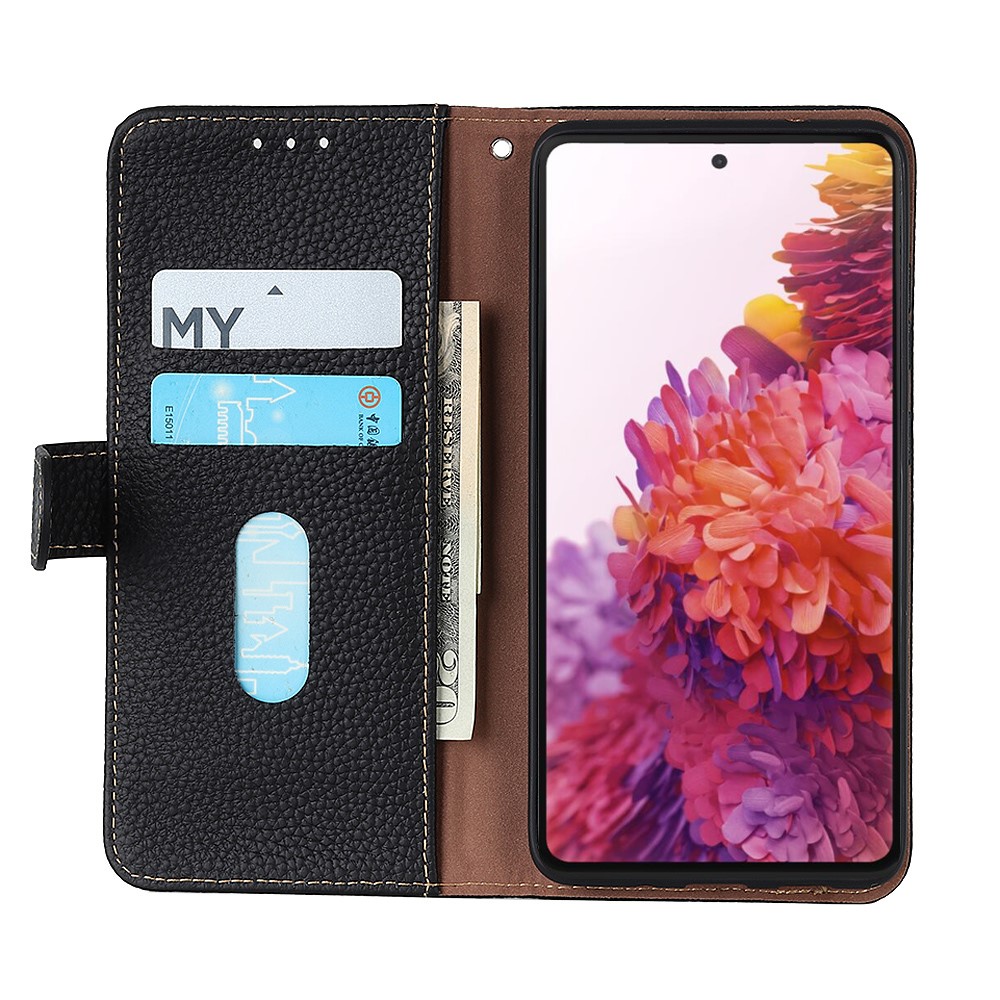 KHAZNEH Magnetic Closure Litchi Texture Top Layer Genuine Leather Stand Feature Wallet Phone Case for Realme GT Neo2 - Black-5