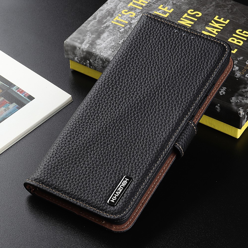 KHAZNEH Magnetic Closure Litchi Texture Top Layer Genuine Leather Stand Feature Wallet Phone Case for Realme GT Neo2 - Black-8