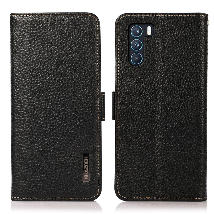 KHAZNEH Anti-theft Swiping Design Full Protection Litchi Texture Genuine Leather Phone Case for Oppo K9 Pro - Black-1