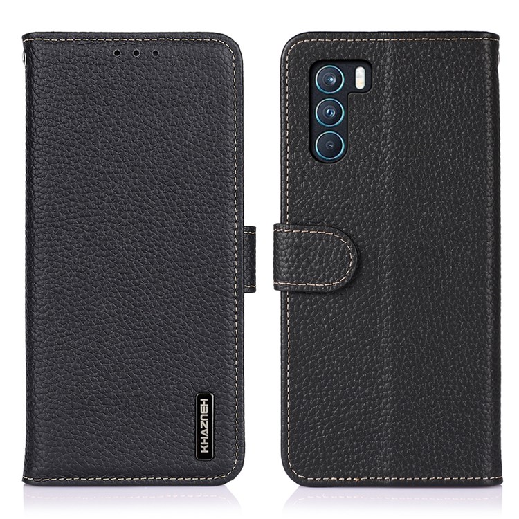 KHAZNEH Stand Feature Magnetic Closure Litchi Texture Top Layer Genuine Leather Wallet Phone Case for Oppo K9 Pro - Black-1