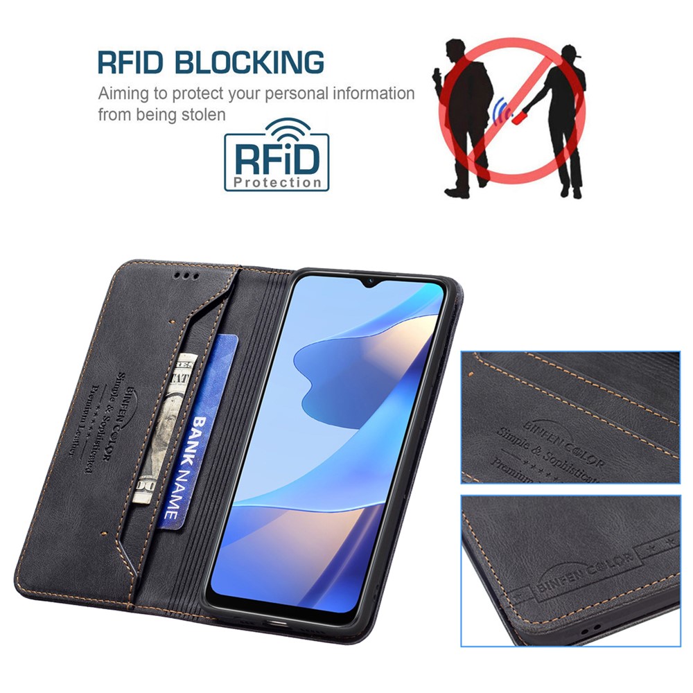 BINFEN COLOR Wallet Phone Case TPU and PU Leather RFID Blocking Tech Anti-swiping Design PU Leather Phone Stand Cover for Oppo A16/A16S/A54S/A55 5G/A53S 5G - Black-3