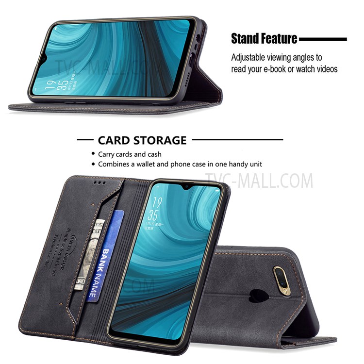 BINFEN COLOR Practical Flip Phone Cover Scratch Resistant Anti-swiping Design PU Leather Phone Case Stand Cover for Oppo A7 - Black-2