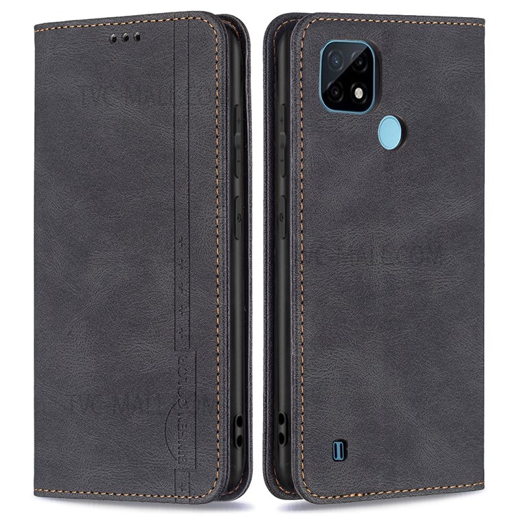 BINFEN COLOR Supporting Stand Phone Cover Scratch Resistant Anti-swiping Design PU Leather Phone Case for Realme C20 / C21 - Black-1