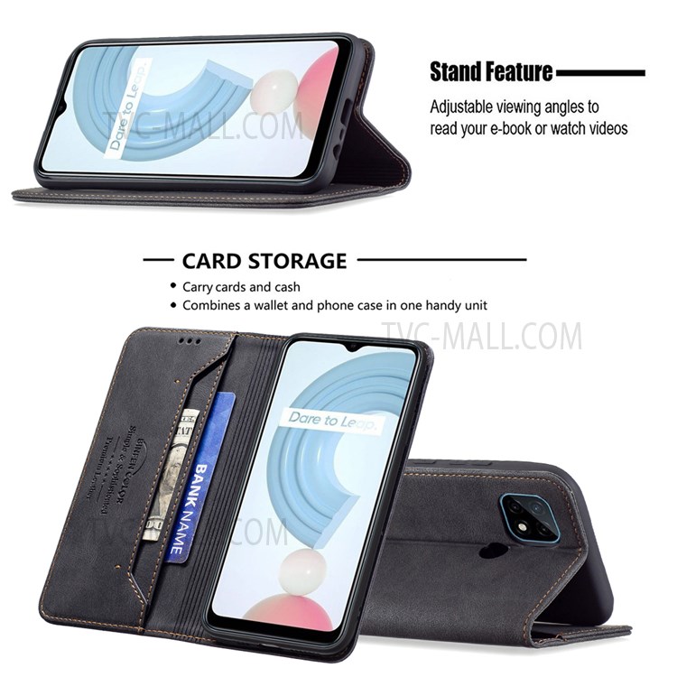 BINFEN COLOR Supporting Stand Phone Cover Scratch Resistant Anti-swiping Design PU Leather Phone Case for Realme C20 / C21 - Black-2