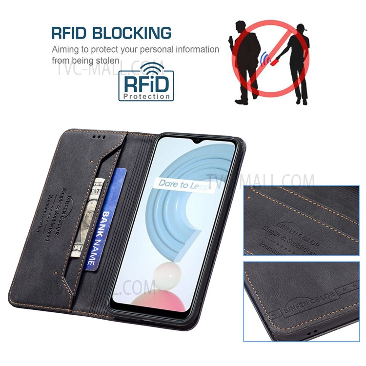 BINFEN COLOR Supporting Stand Phone Cover Scratch Resistant Anti-swiping Design PU Leather Phone Case for Realme C20 / C21 - Black-3