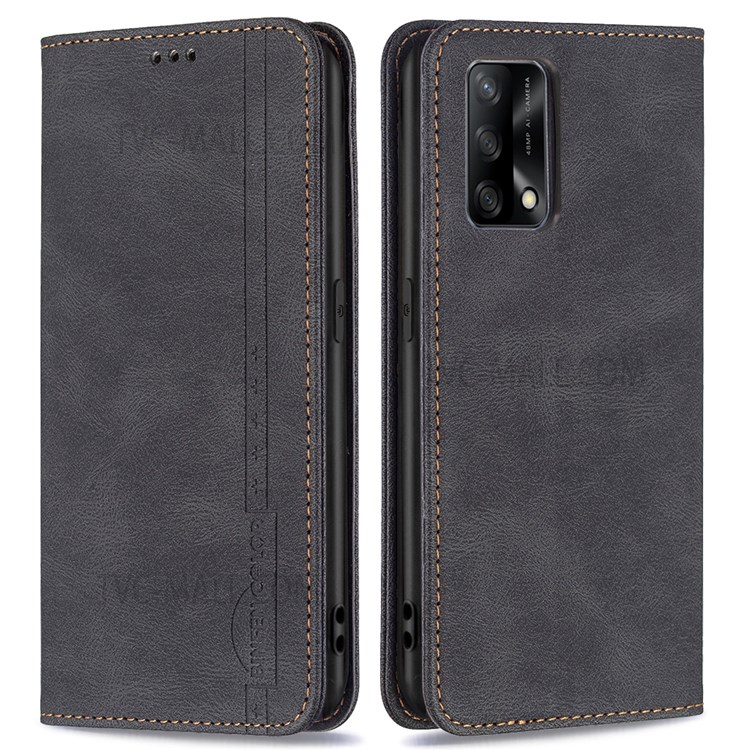 BINFEN COLOR Scratch Resistant Anti-swiping Design PU Leather Phone Case Stand Cover for Oppo A74 4G / Oppo F19 - Black-1